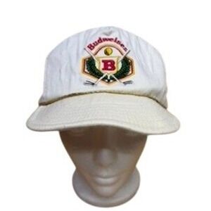 Vintage Budweiser Golf Hat White Snapback Made in USA Gold Rope Detail 90s Mens
